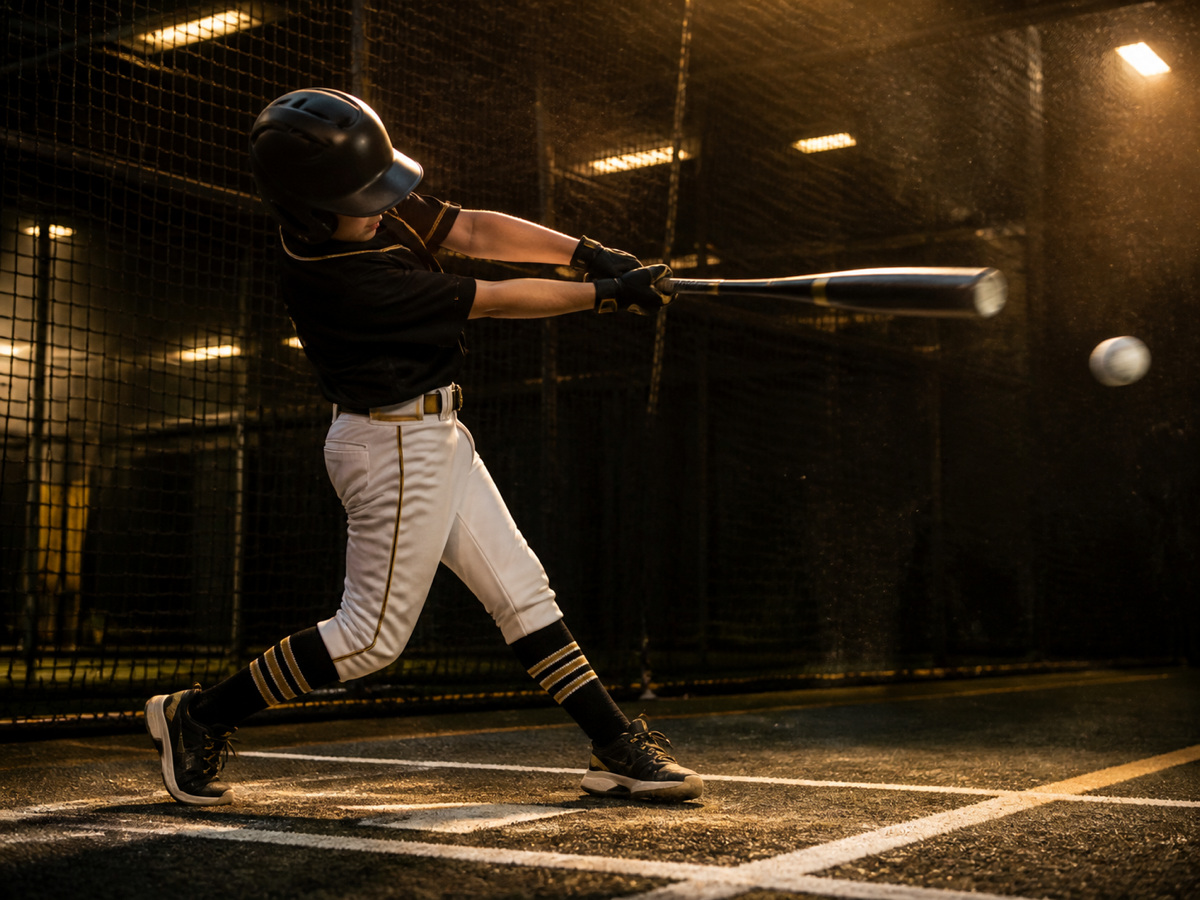 Youth baseball player swinging in an indoor cage
