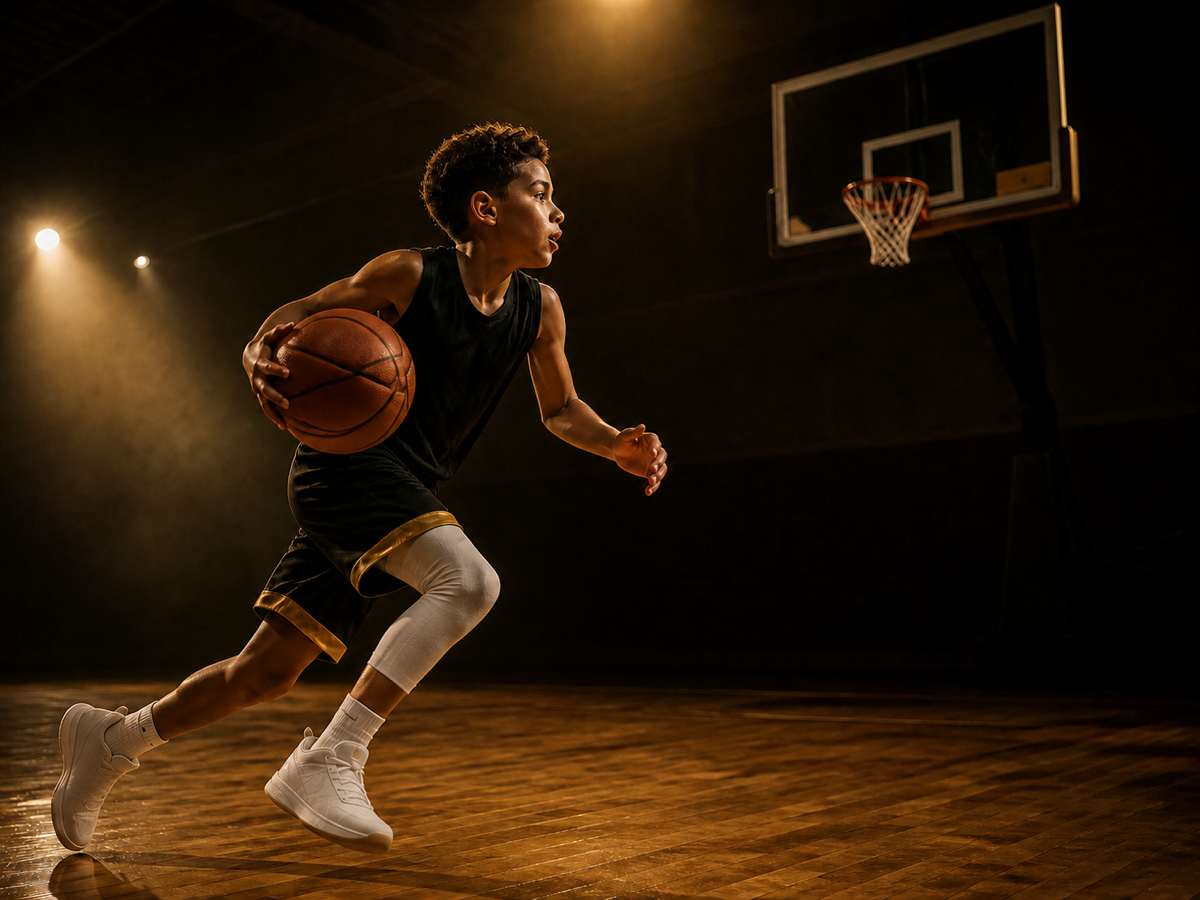 Youth basketball player driving to the hoop