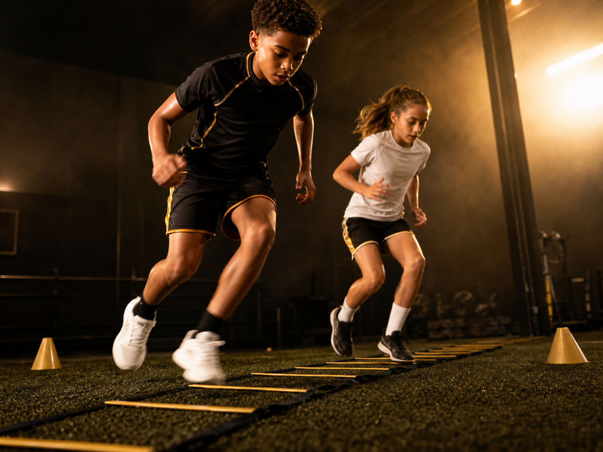 Youth athletes running an agility ladder drill