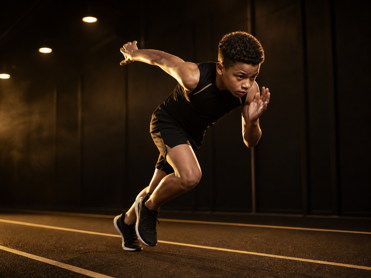 Youth track athlete starting a sprint