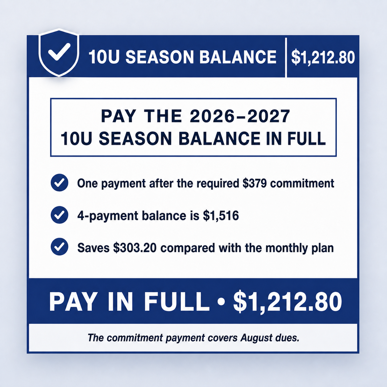 10U Club Baseball paid in full — $1212.80