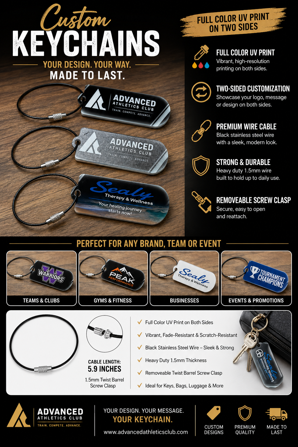 Custom Keychains from Advanced Athletics Club - full color UV print on two sides