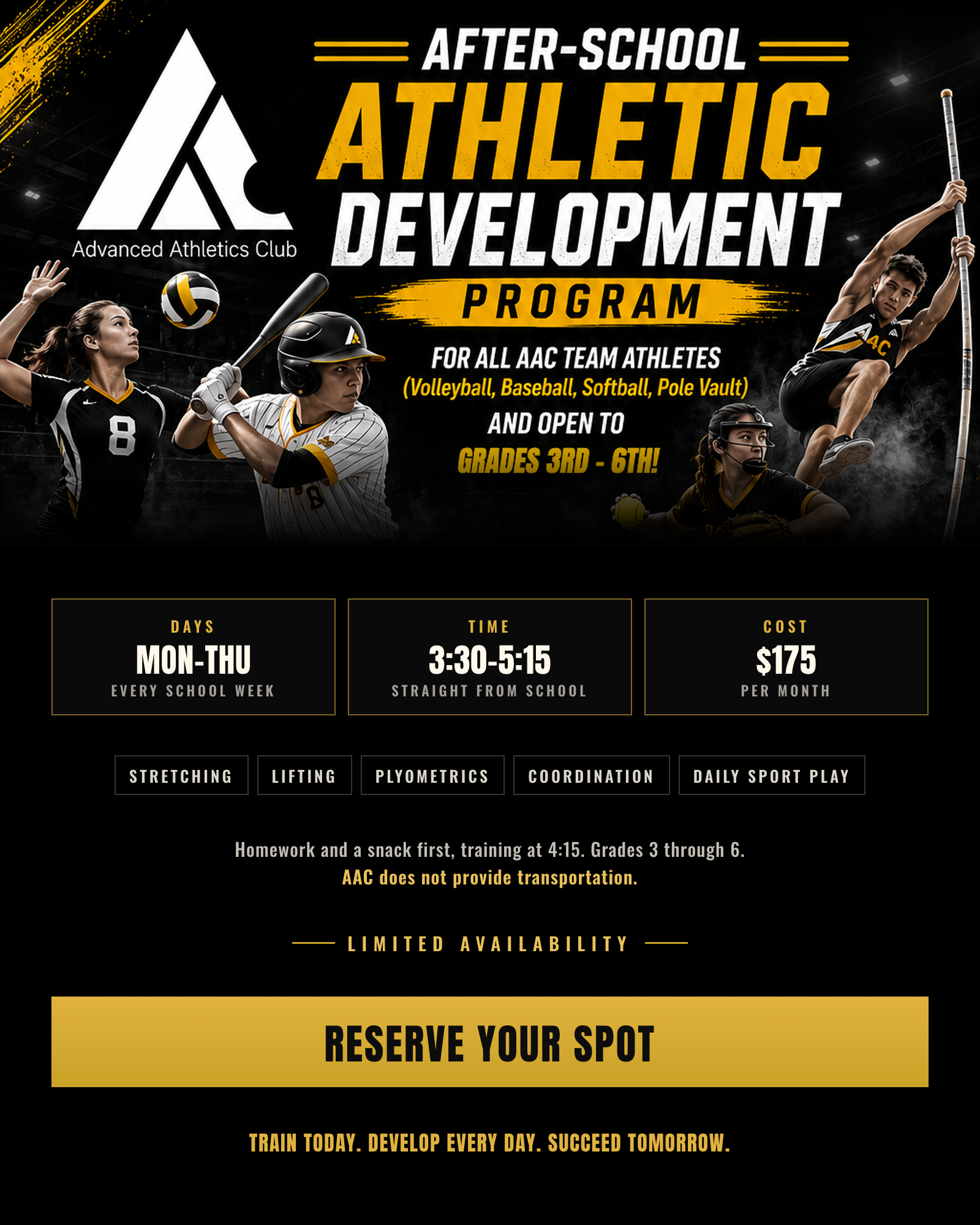 After-School Athletic Development Program — Monday to Thursday, 3:30 to 5:15 PM, grades 3 through 6