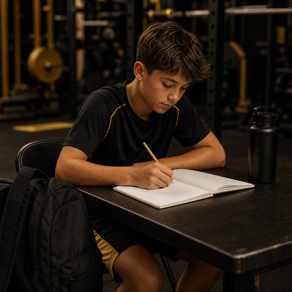 A student athlete finishing homework at a table inside the AAC training facility