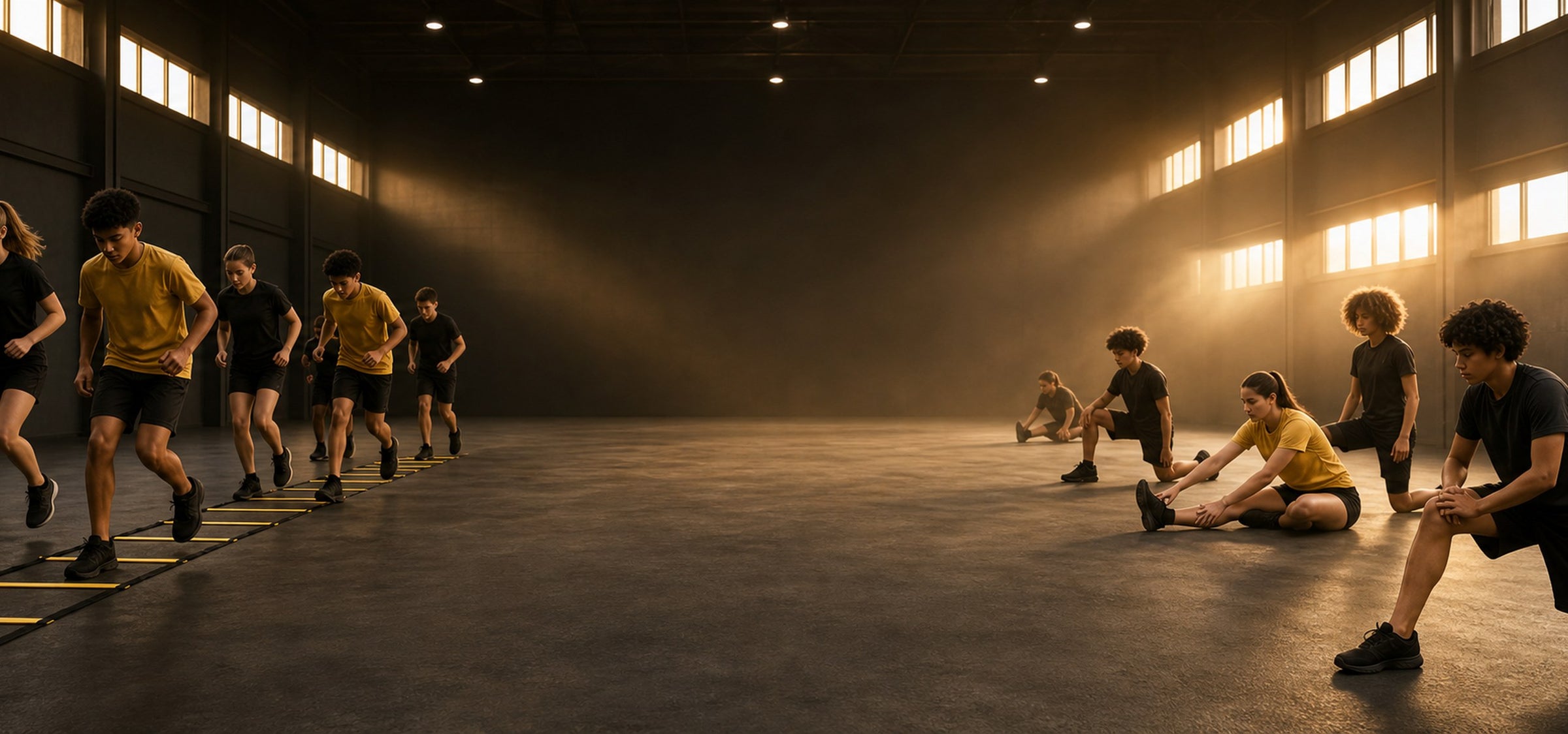 Student athletes training in the Advanced Athletics Club facility in the late afternoon