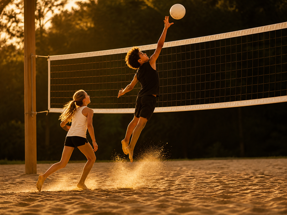 Youth athletes playing sand volleyball at golden hour
