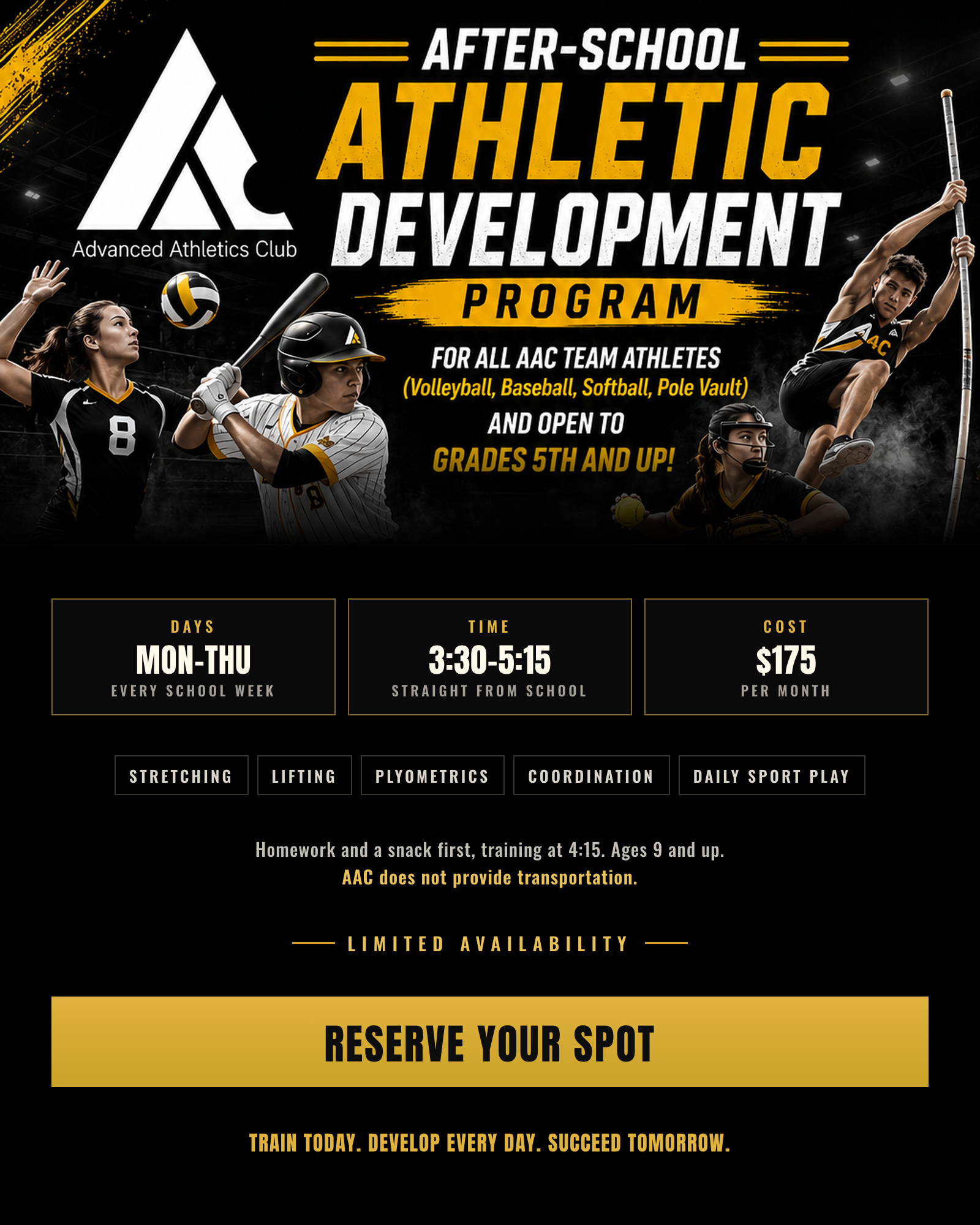 After-School Athletic Development Program — Monday to Thursday, 3:30 to 5:15 PM, grades 5 and up