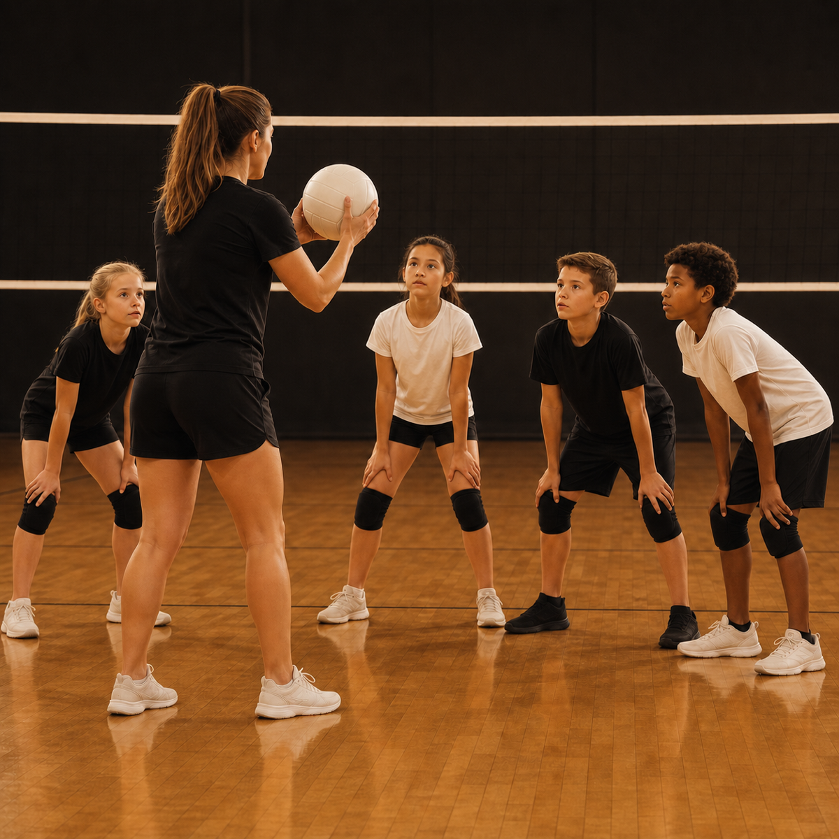 Young volleyball players in a passing drill at Advanced Athletics Club