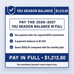 10U Club Baseball paid in full — $1212.80