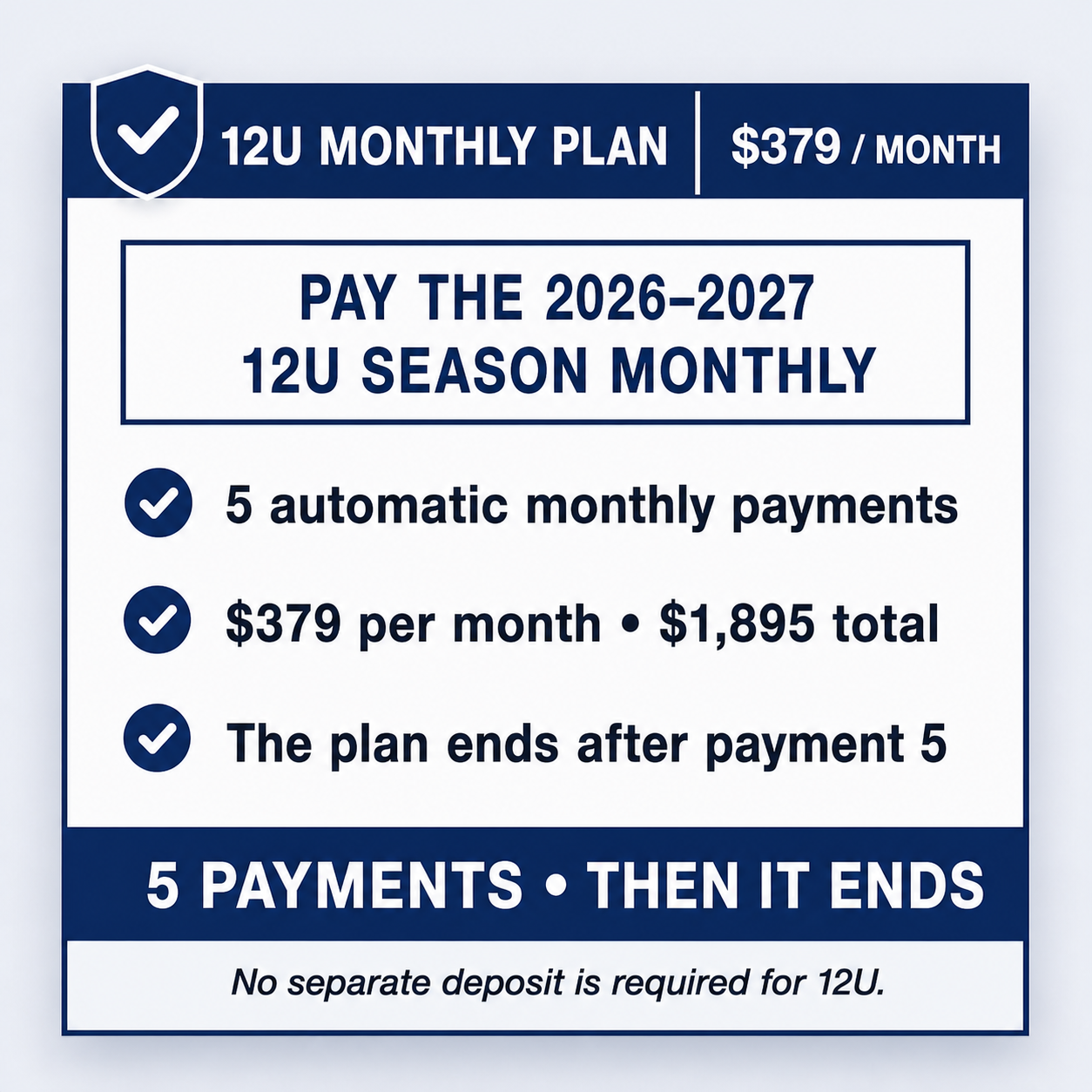12U Club Baseball monthly plan — 5 payments of $379