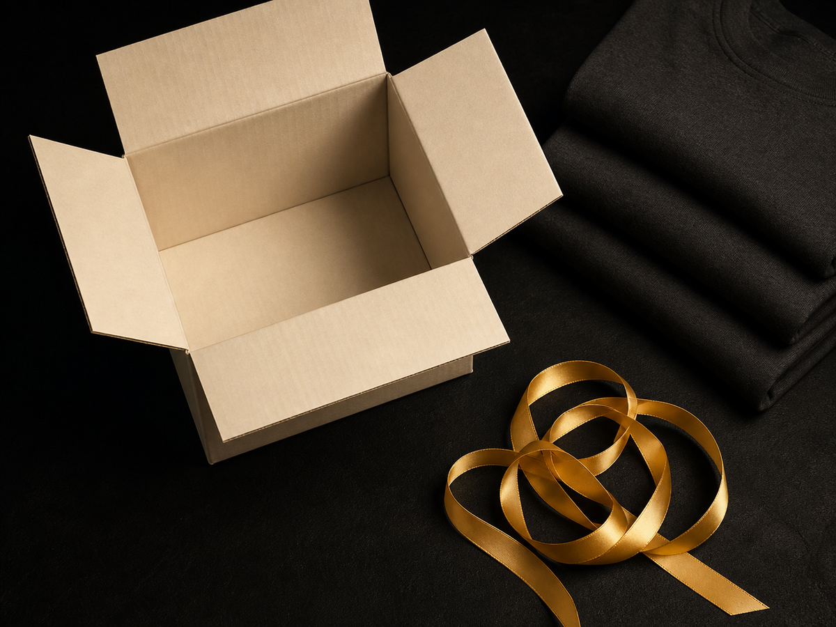 Open shipping box with gold ribbon and folded team apparel