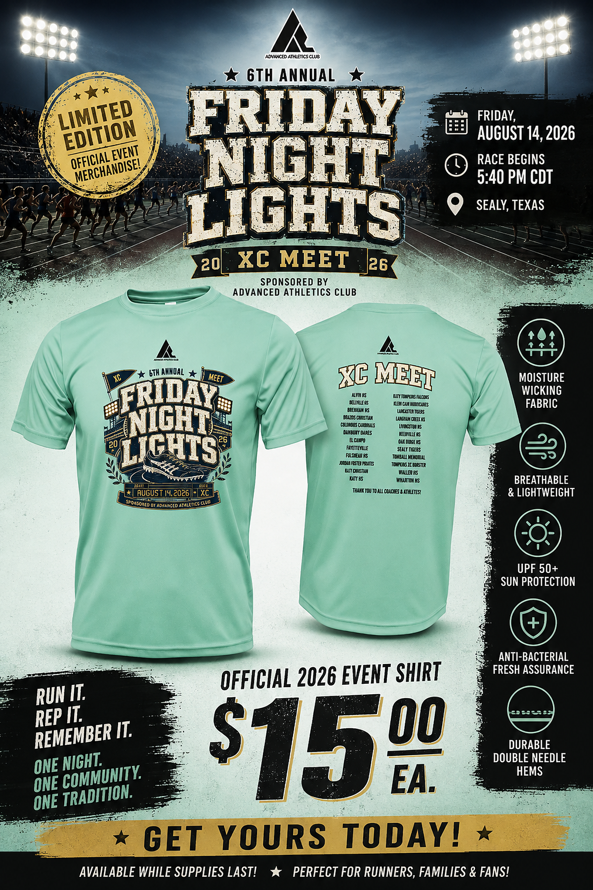 6th Annual Friday Night Lights XC Meet, Friday August 14 2026 in Sealy, Texas — official $15 event shirt